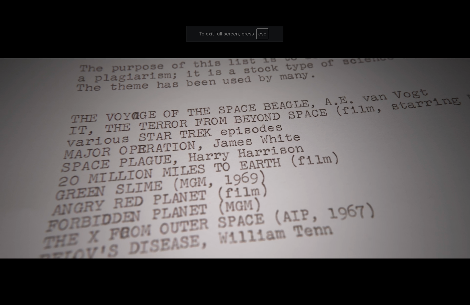 Still image from the documentary "Memory: The Origins of Alien" of a typed list movies and books that inspired "Alien."